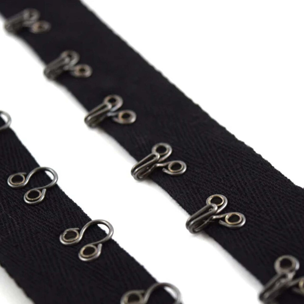 Black and Gunmetal Hook and Eye Tape 7/8" Heavy Duty Cotton Twill Trim with Metal Closures