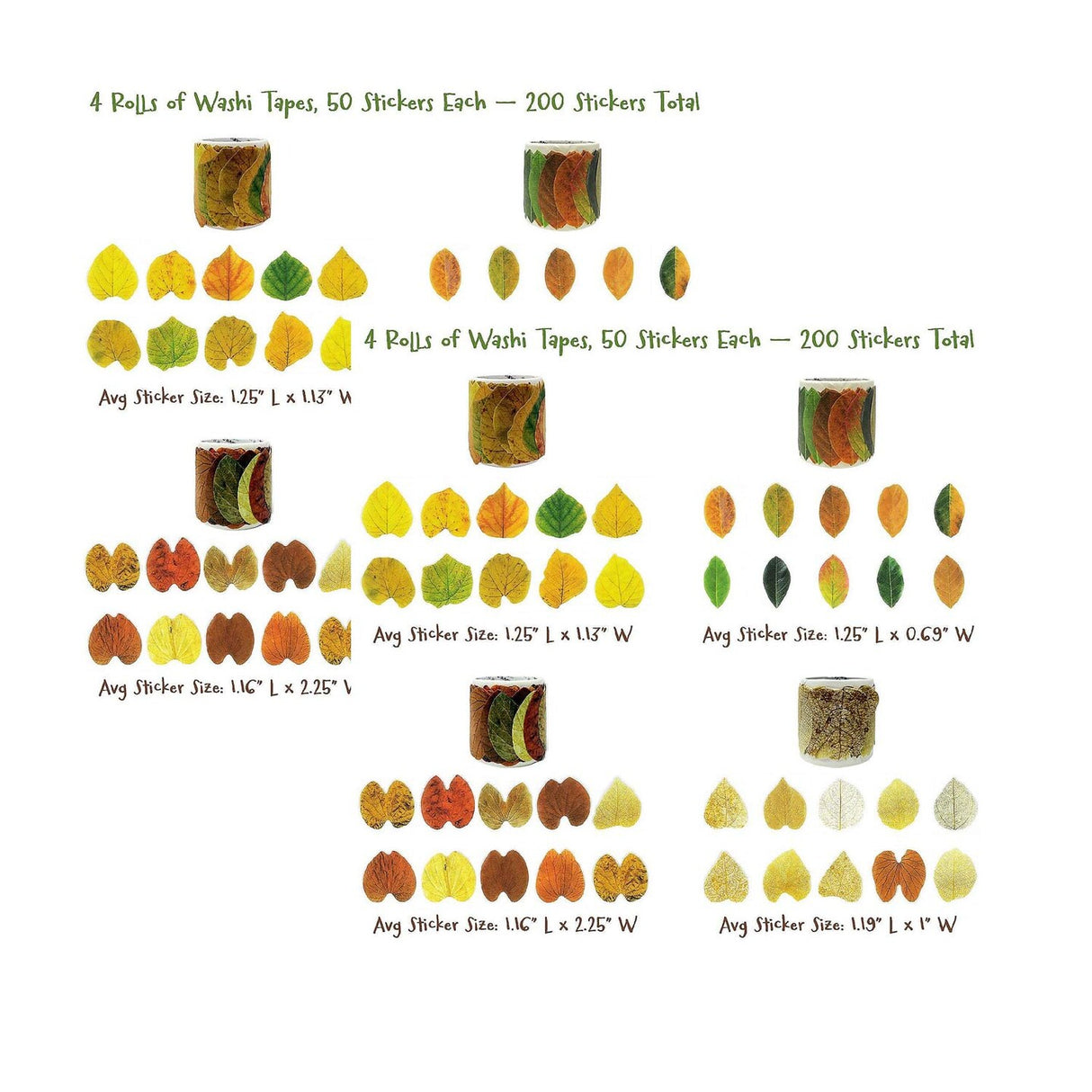 Wrapables Fall Leaves Washi Tapes Stickers 4 Rolls 200 Pc