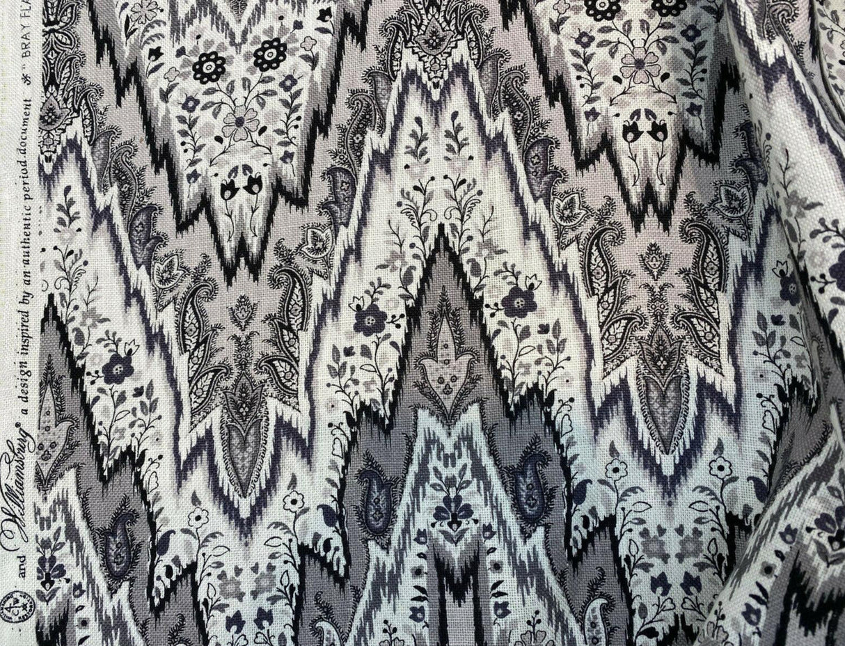 Bray Flamestitch Linen Fabric - Black, White, Silver Gray Chevron Pattern, 54" Width (1 Yard)