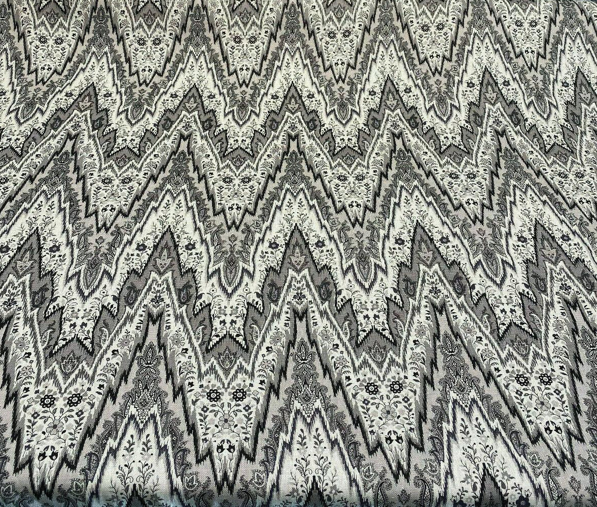 Bray Flamestitch Linen Fabric - Black, White, Silver Gray Chevron Pattern, 54" Width (1 Yard)