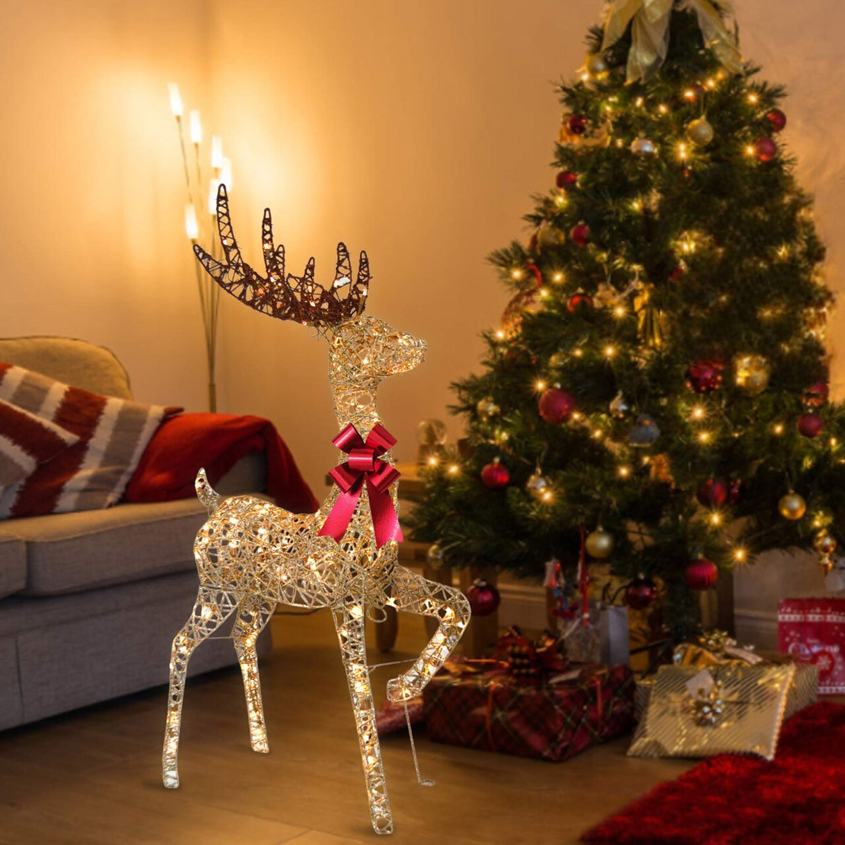 Holiday LED Brown Reindeer with Sleigh, Warm White Twinkling Christmas Lights