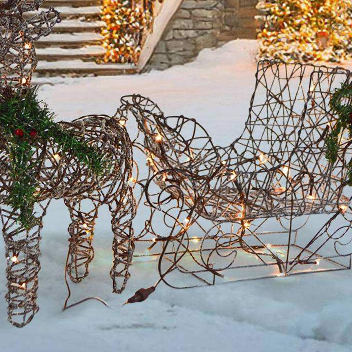 Warm White LED Reindeer with Sleigh, Sparkling Outdoor Christmas Decor