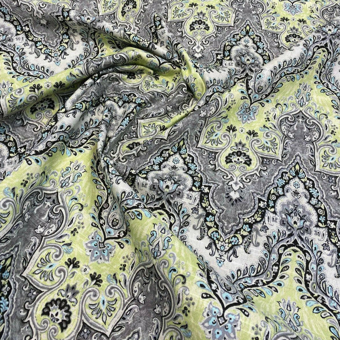 Waverly Palace Sari Cotton Fabric - Elephant, Ivory Background With Black, Light Blue, Light Green Shades And Grey Tones, 54" Width (1 Yard)