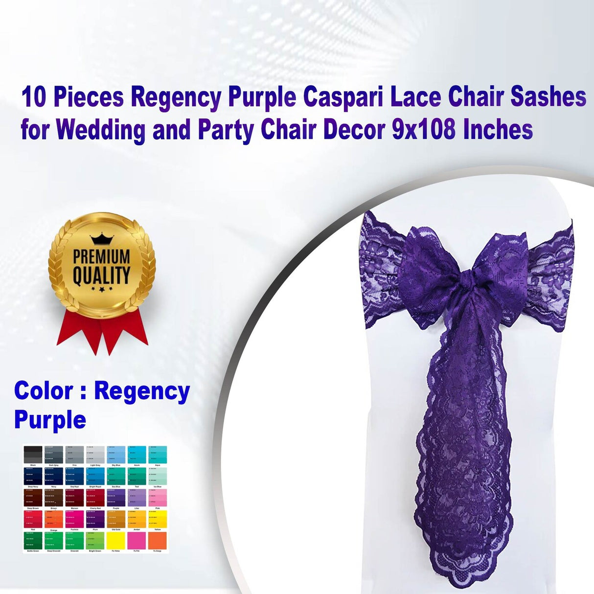 10 Pieces Regency Purple Caspari Lace Chair Sashes for Wedding and Party Chair Decor 9x108 Inches