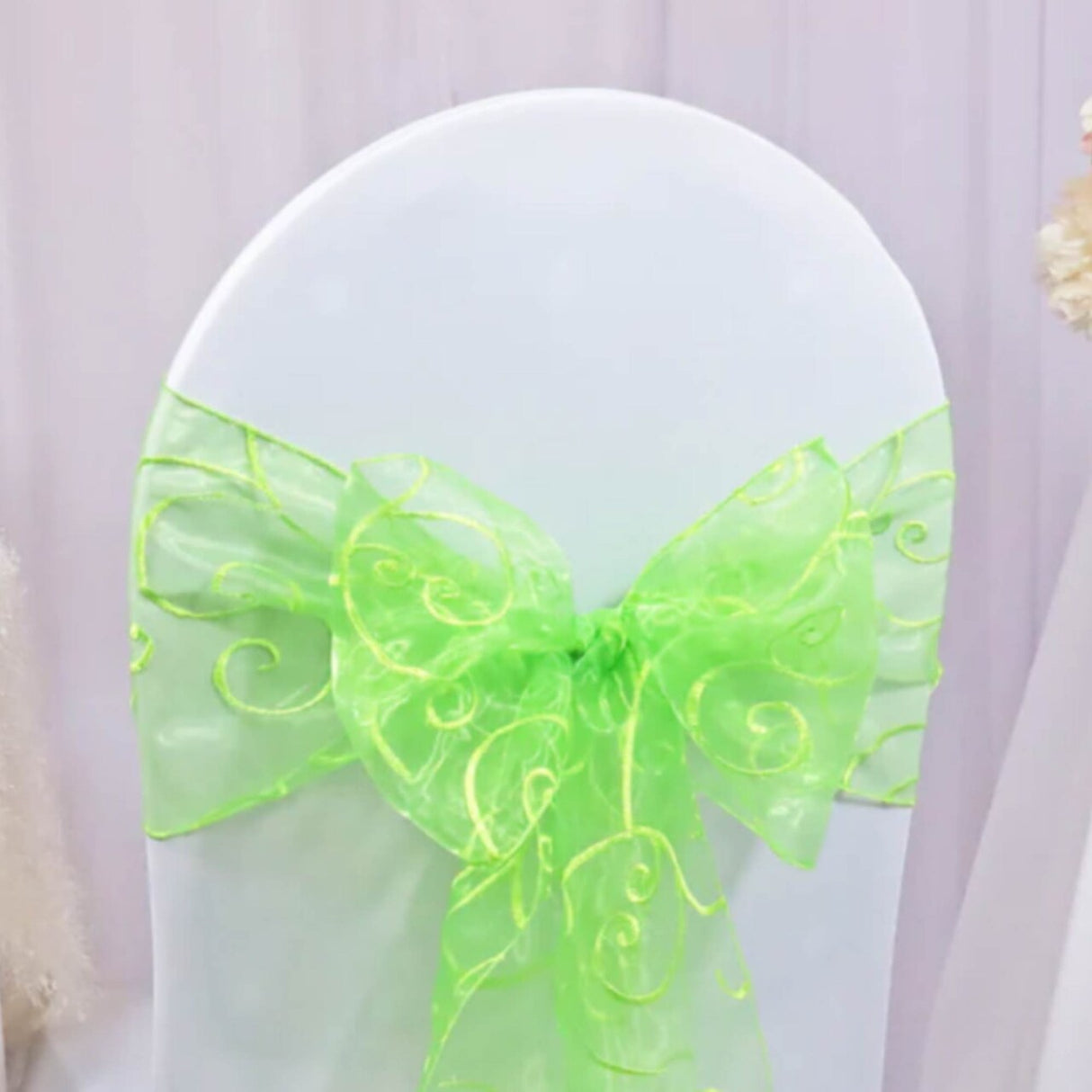 10 Pieces Apple Green Embroidered Sheer Organza Chair Sashes 8"x108" for Elegant Occasions