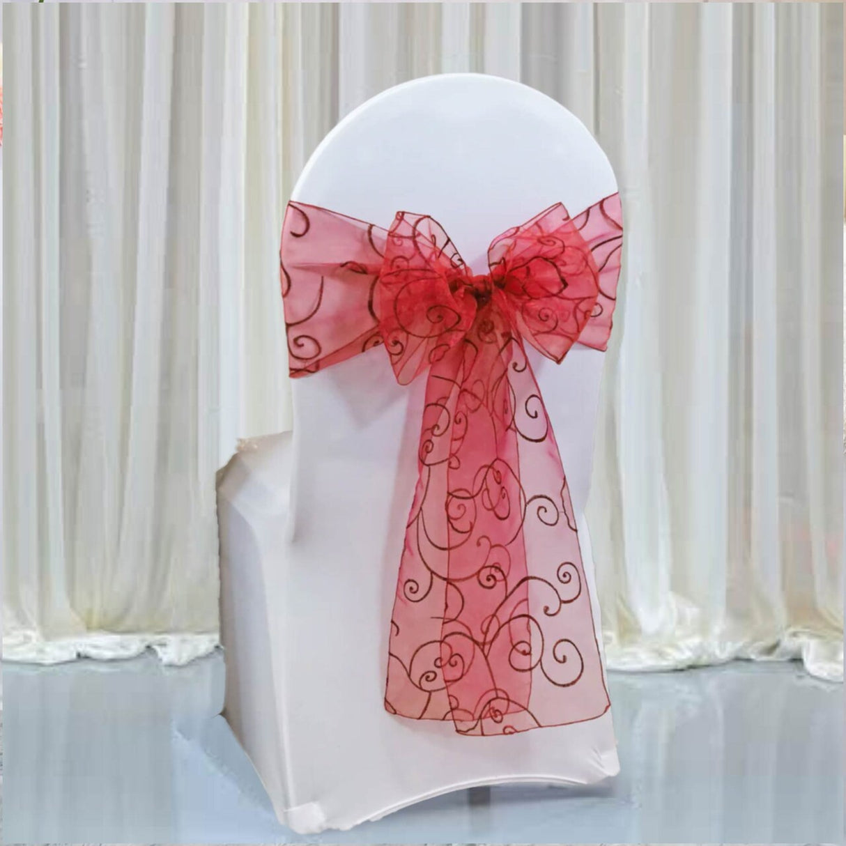 10 Pieces Apple Red Sheer Embroidered Organza Chair Sashes 8"x108" for Weddings & Events