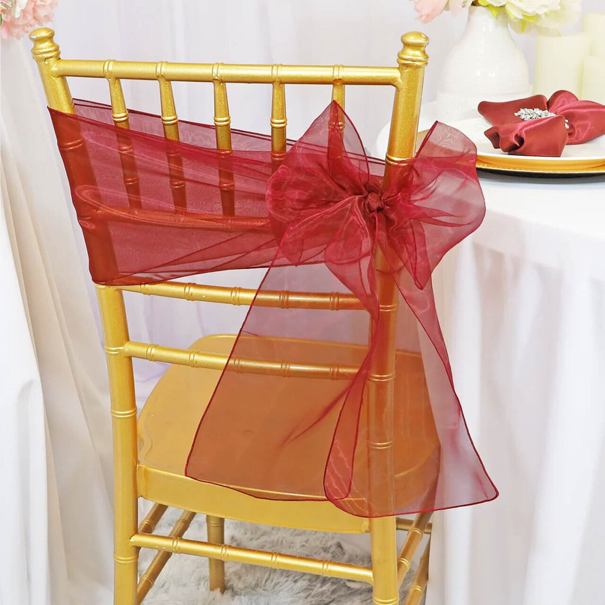 10 Pieces Burgundy Organza Chair Sashes 8"x108" Elegant Sheer Chair Decor for Weddings & Events