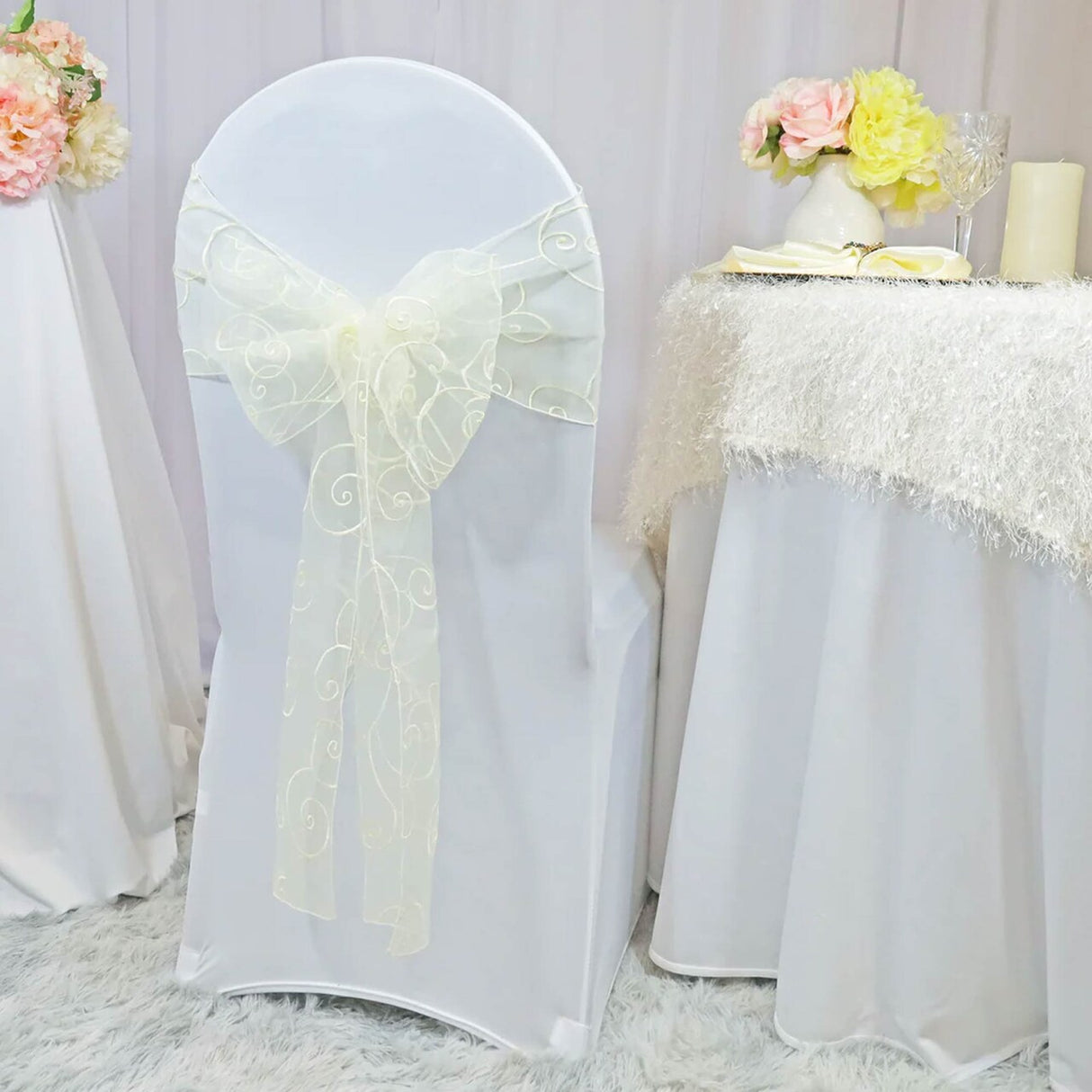 10 Pieces Ivory Embroidered Organza Chair Sashes Sheer Elegant Chair Bows 8"x108"