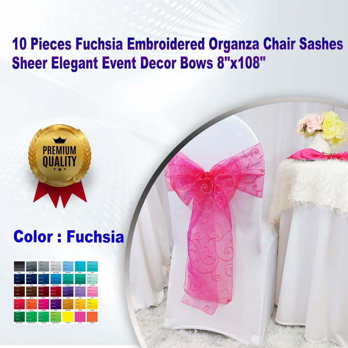 10 Pieces Fuchsia Embroidered Organza Chair Sashes Sheer Elegant Event Decor Bows 8"x108"