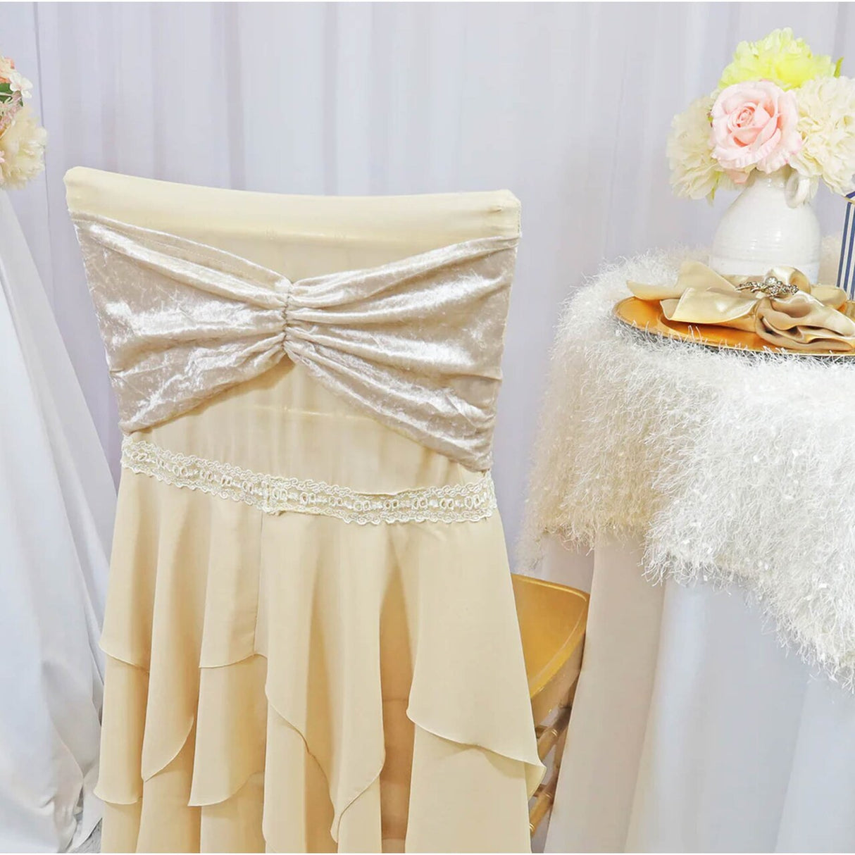 10 Pieces Champagne Ruffled Ice Crushed Velvet Chair Bands for Elegant Event Styling 8x13 inches