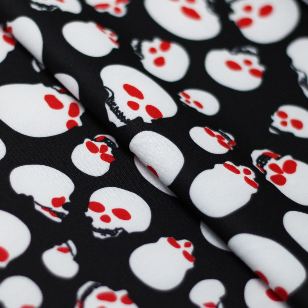 Skull Tricot Polyester Spandex Fabric - Red-White, Black-White, Black-Red, Skull Pattern, 58-60" Width, 240 GSM (1 Yard)