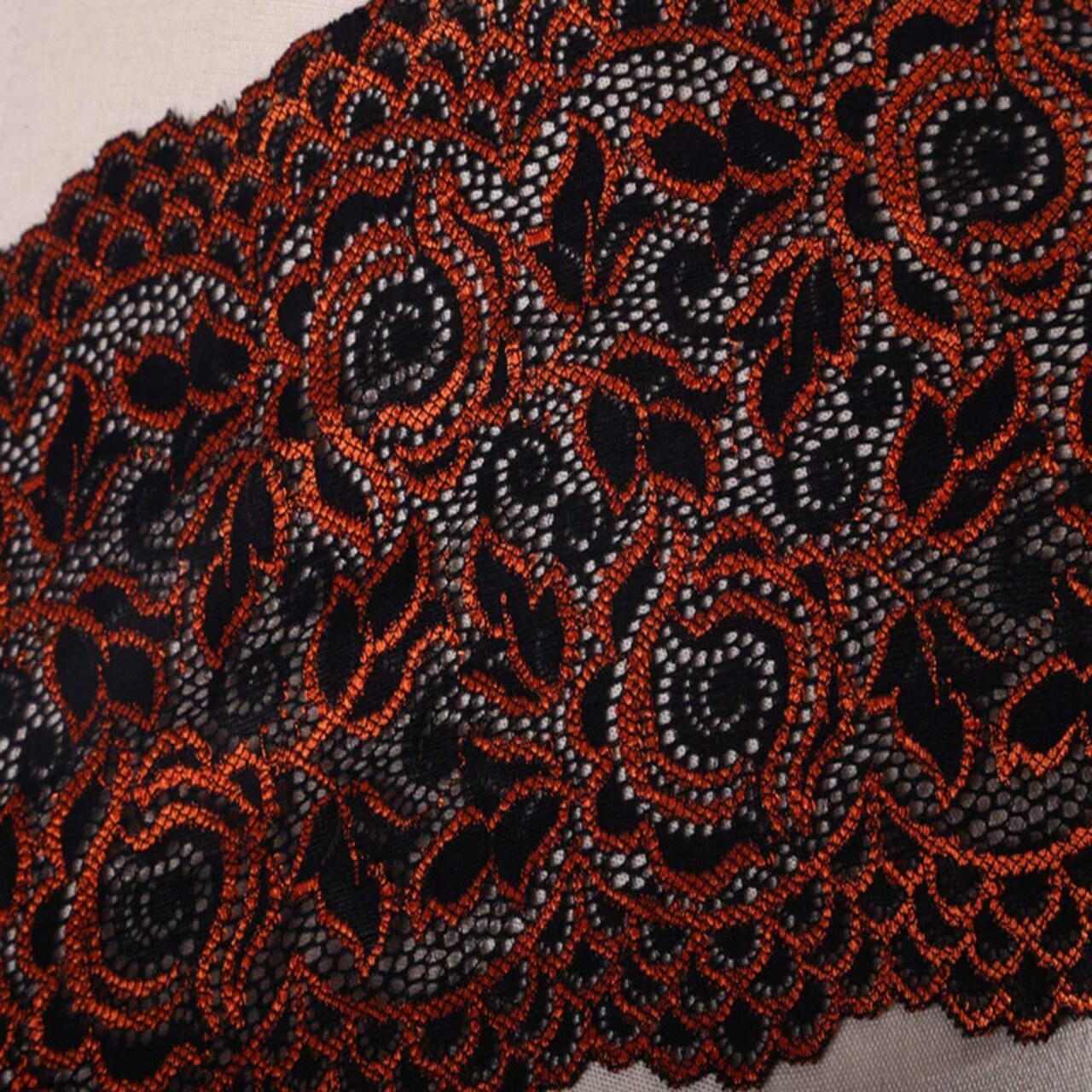 Orange and Black Rose Stretch Lace Trim 6" Wide Floral Elastic for Lingerie, Costumes & Crafts