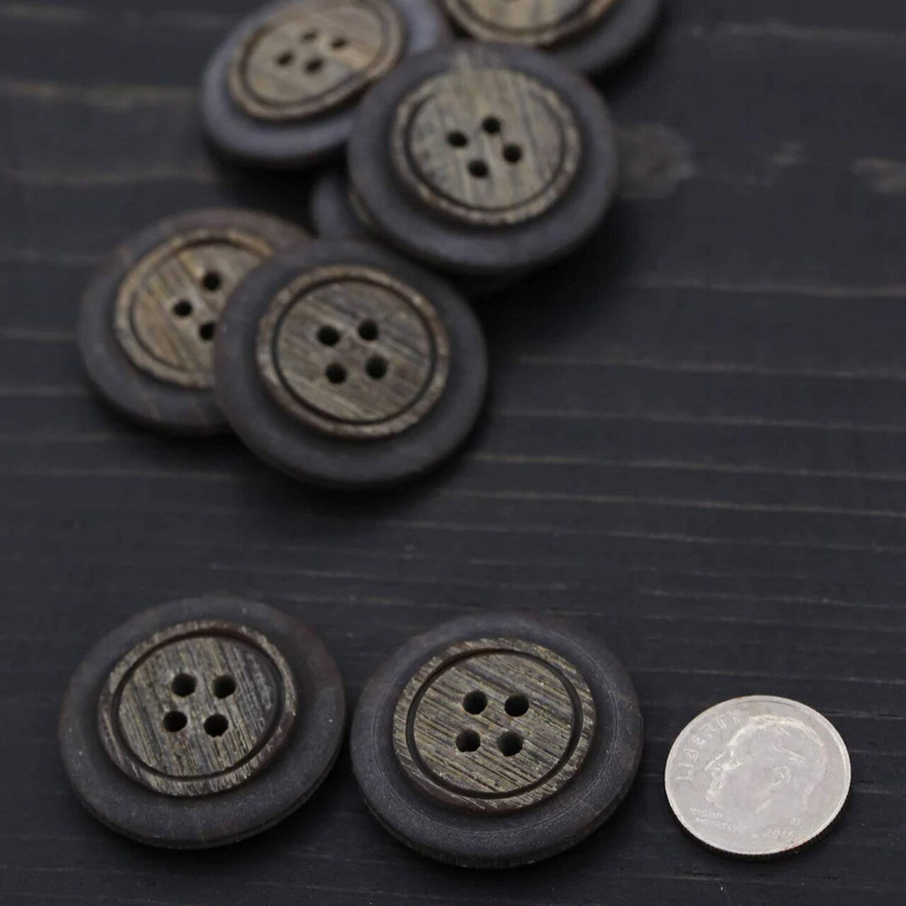4 Brown Faux Wood Plastic Buttons Four-Hole, 27mm (1 1/8") Size