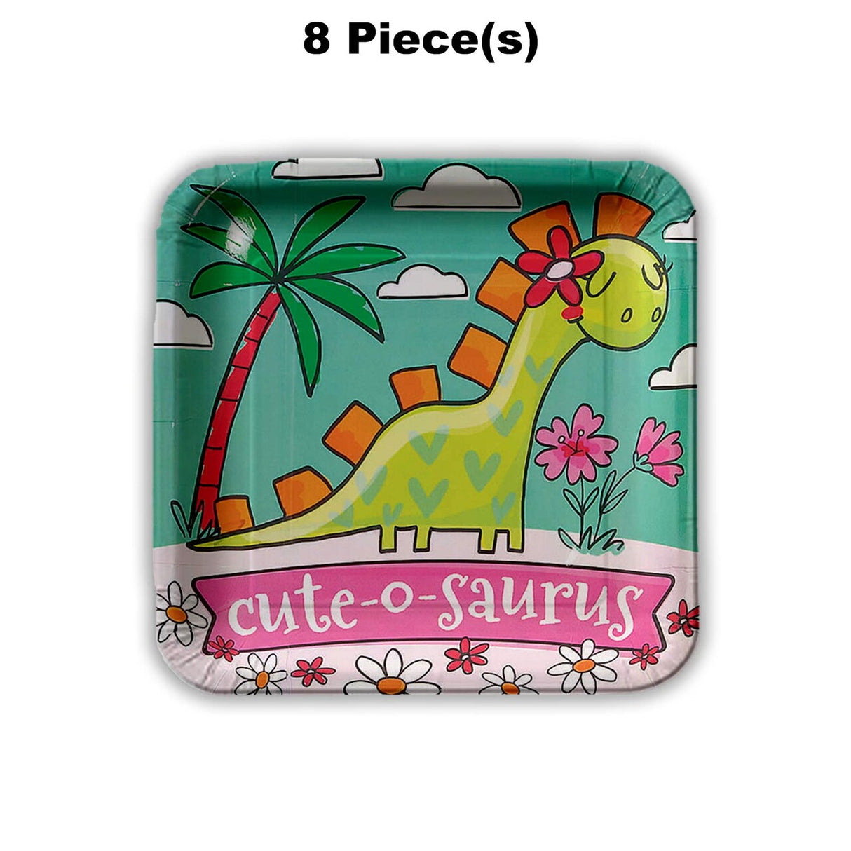 8 Ct. Girl Dinosaur Party Cute-O-Saurus Square Paper Dessert Plates 6.5" Birthday Plates