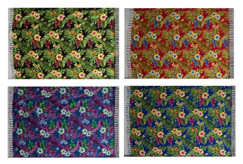 Hibiscus Plumeria & Tropical Leaves Rayon Fabric - Red, Teal, Turquoise, Royal, Black, Fringes, 72" L x 45" W (1 Piece)