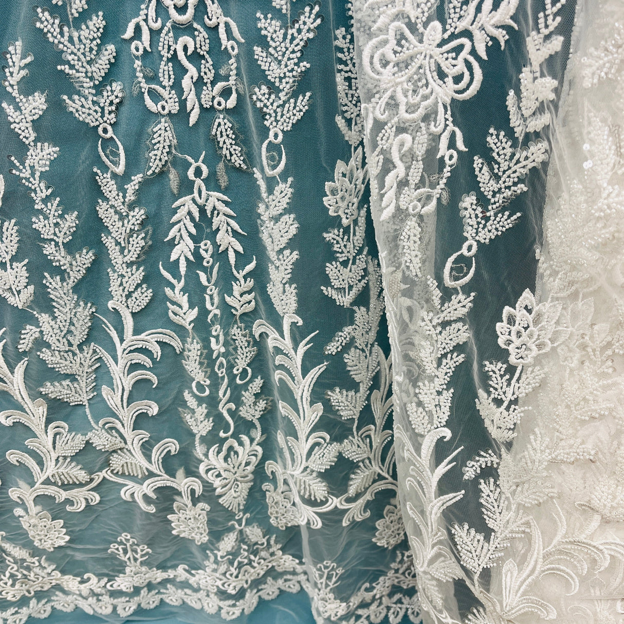 Beaded Lace Fabric on Polyester Net Mesh