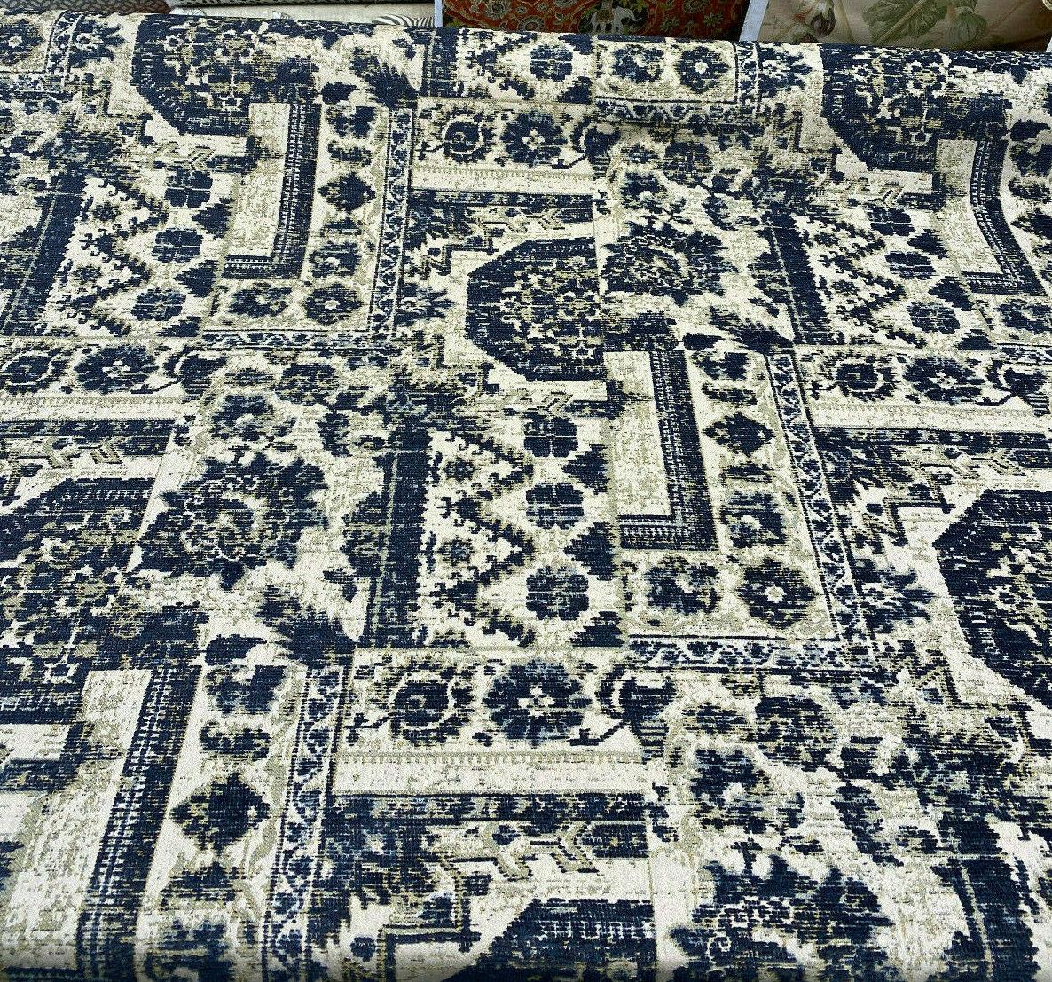 Romito Sapphire Navy Blue Chenille Fabric - Diamond Jacquard, Navy Blue/Beige/Gold Hint, 54" Width (1 Yard)