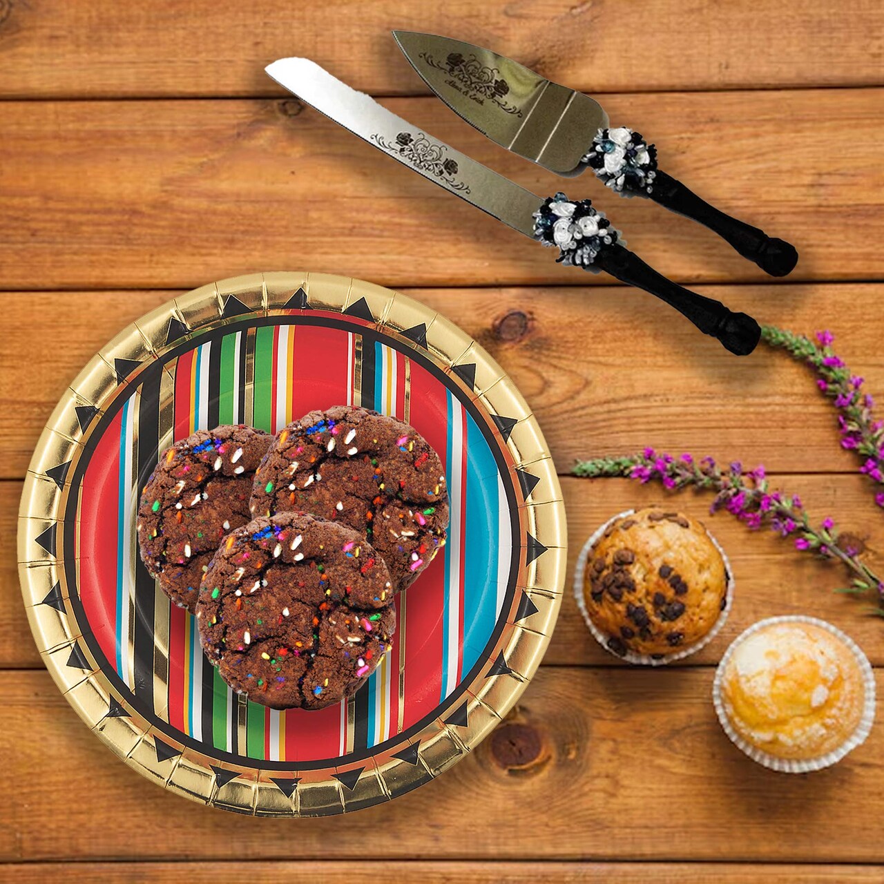 8 Ct. Gold Foil Viva Fiesta Paper Dessert Plates 7" Striped Serape Party Plates