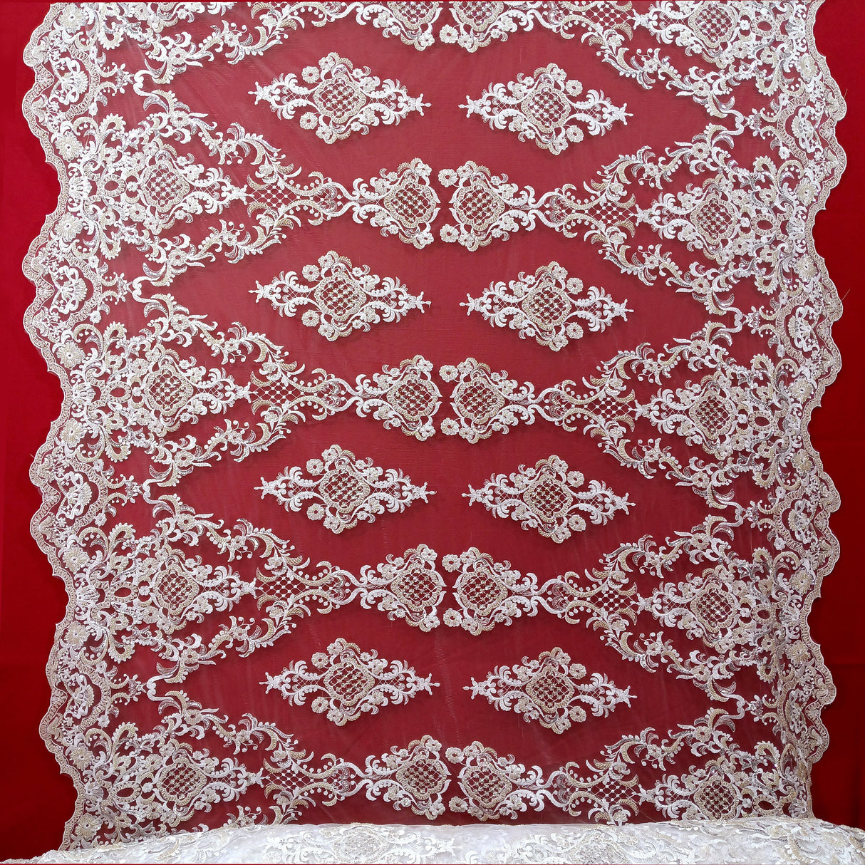 Beaded Lace Fabric on Polyester Net Mesh 53"