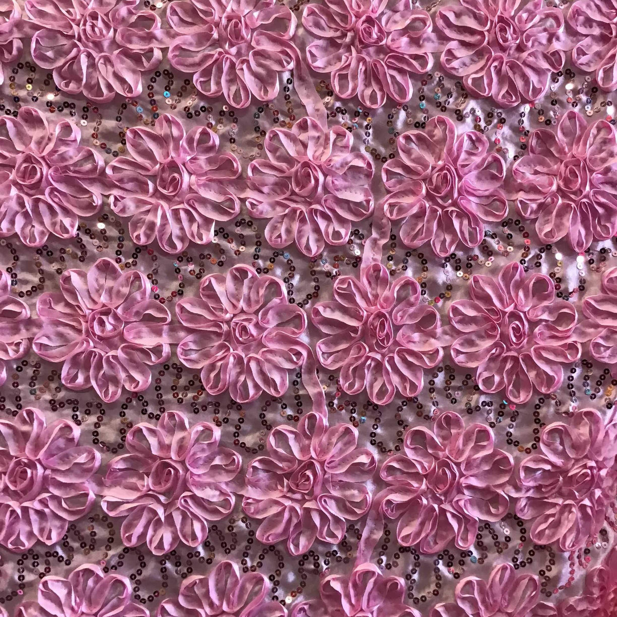 Pink Sequined Rosette Satin Fabric,