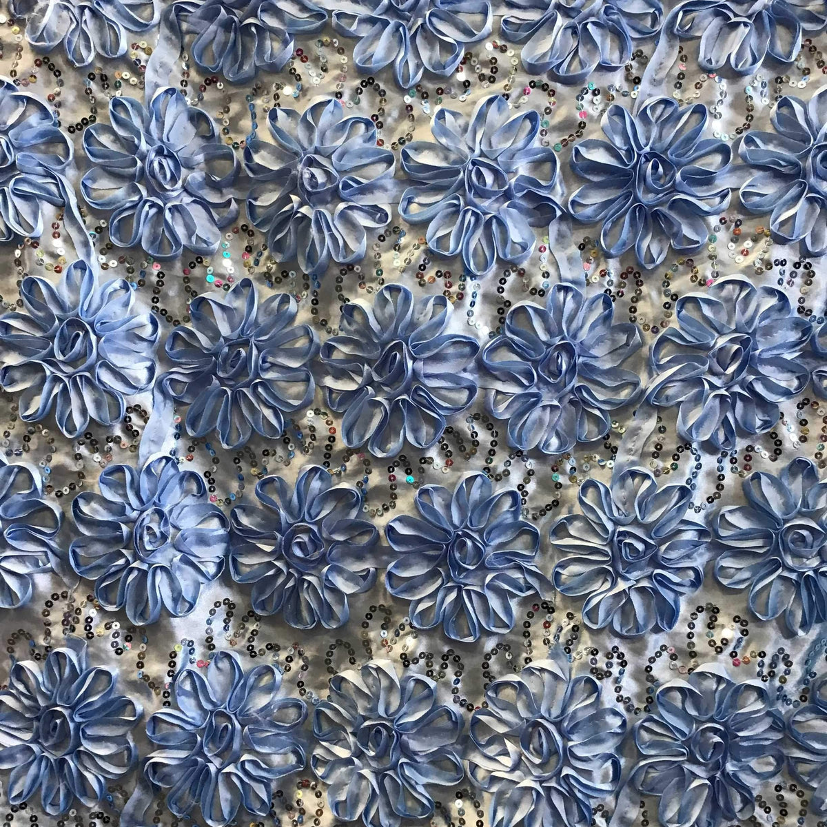 Light Blue Sequined Rosette Satin Fabric,