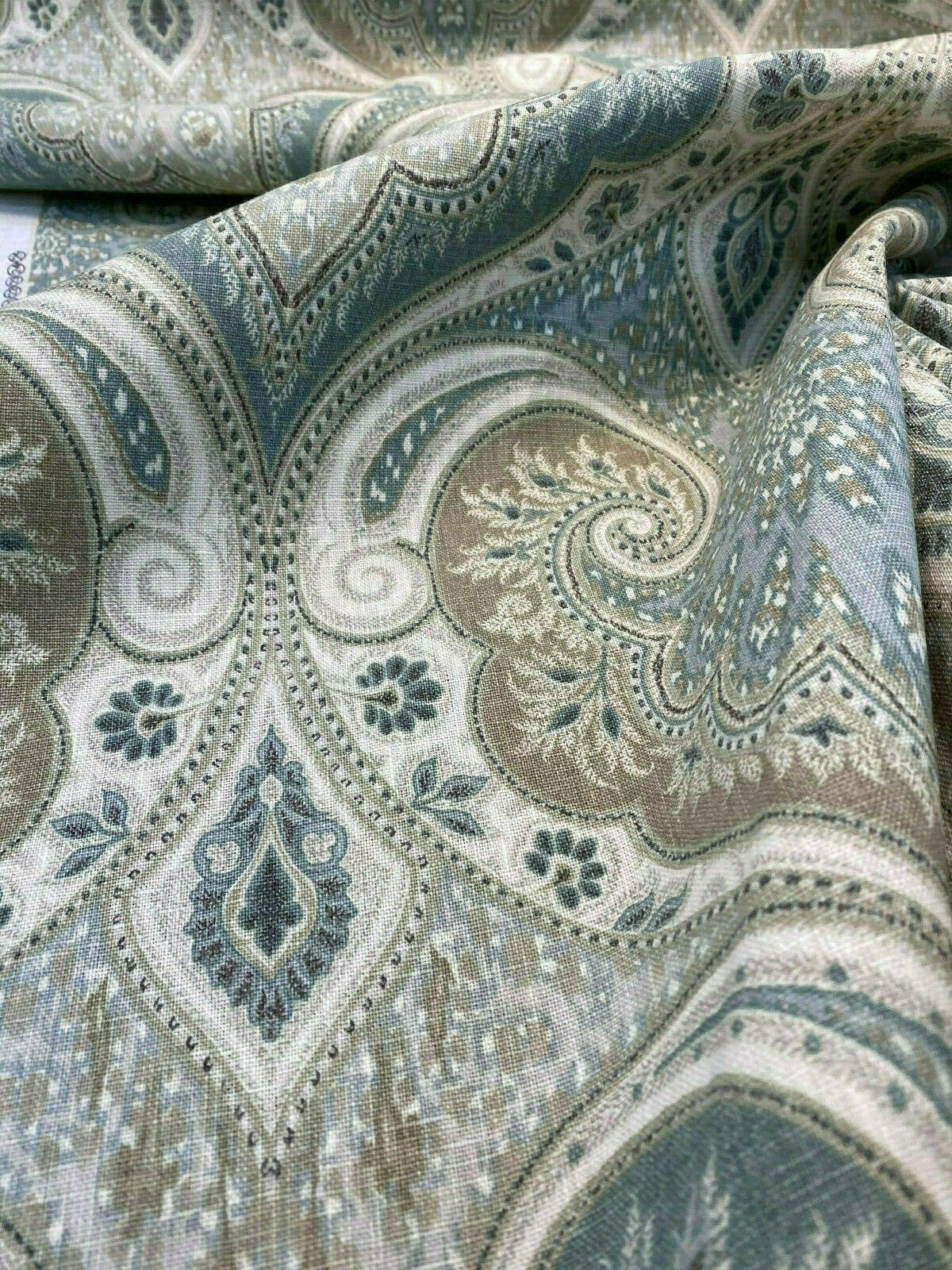 Latika 135 Linen Fabric - Seafoam Blue/Beige Damask, 54.5" Width, 13.5" Horizontal Repeat, 18" Vertical Repeat (1 Yard)