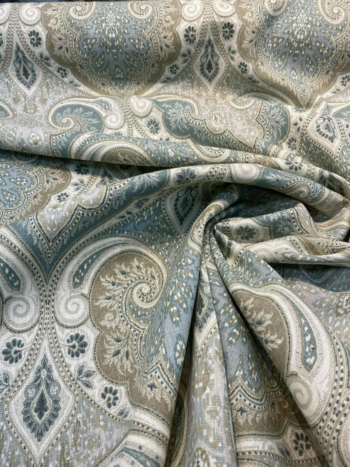 Latika 135 Linen Fabric - Seafoam Blue/Beige Damask, 54.5" Width, 13.5" Horizontal Repeat, 18" Vertical Repeat (1 Yard)
