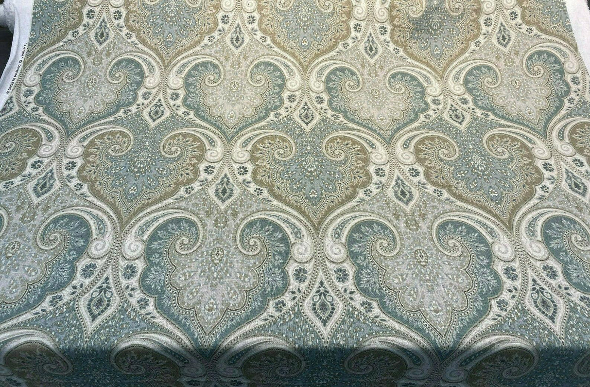 Latika 135 Linen Fabric - Seafoam Blue/Beige Damask, 54.5" Width, 13.5" Horizontal Repeat, 18" Vertical Repeat (1 Yard)