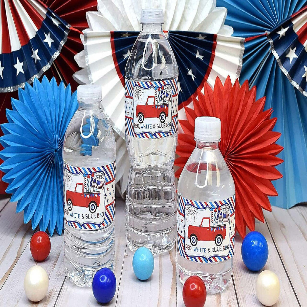 AmandaCreation Red, White & Blue BBQ Water Bottle Wrappers 20 Pieces