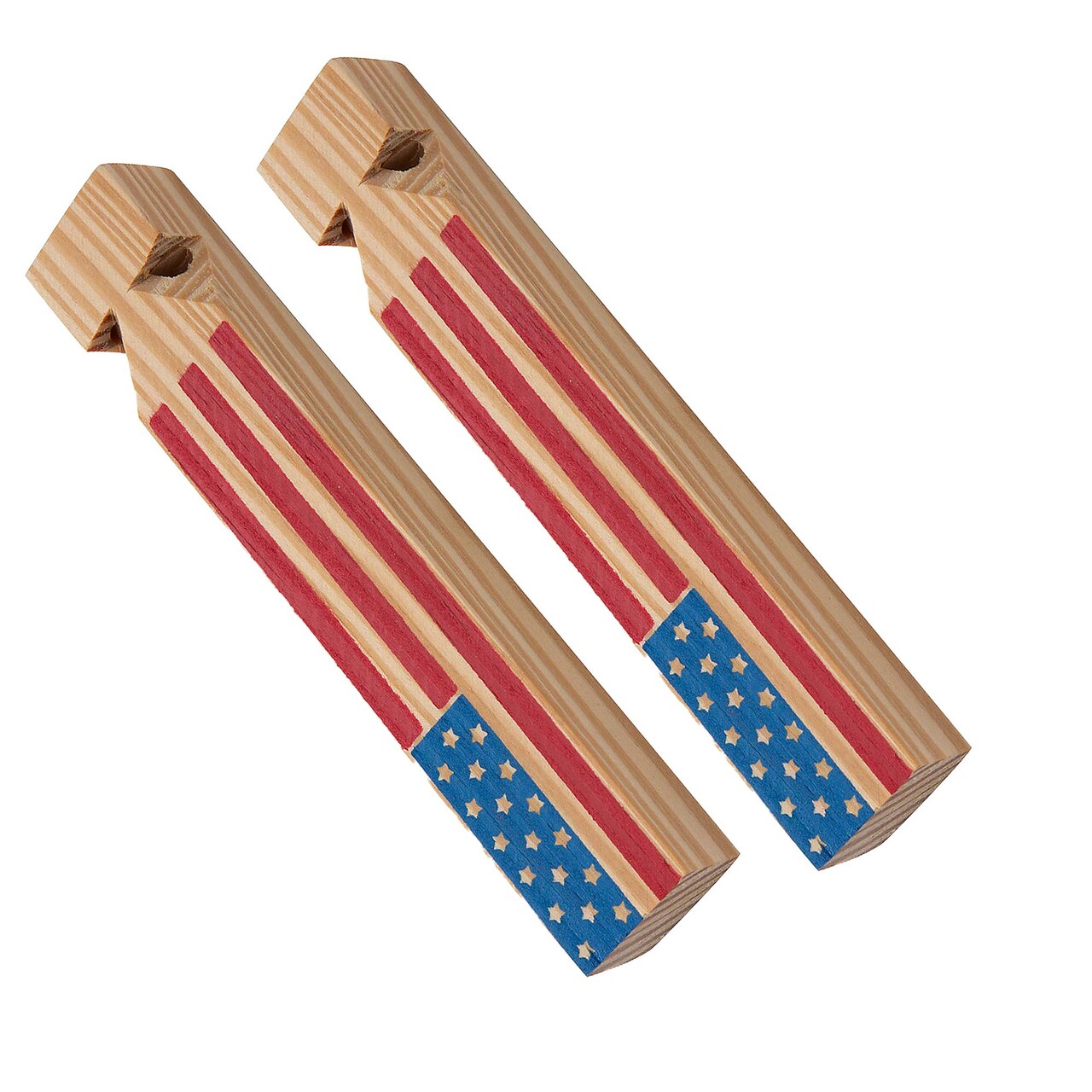 5 3/4" x 3/4" Patriotic U.S.A Flag Wood Train Whistles 12 Pieces