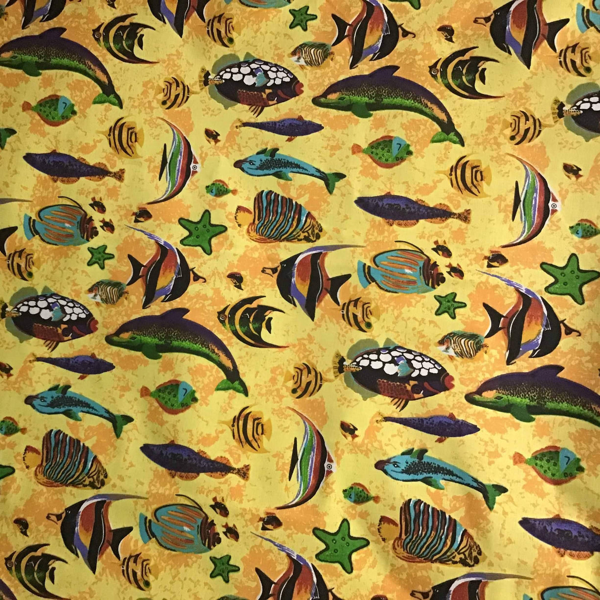 Marine Mixed Fish Yellow Poly Cotton Fabric,