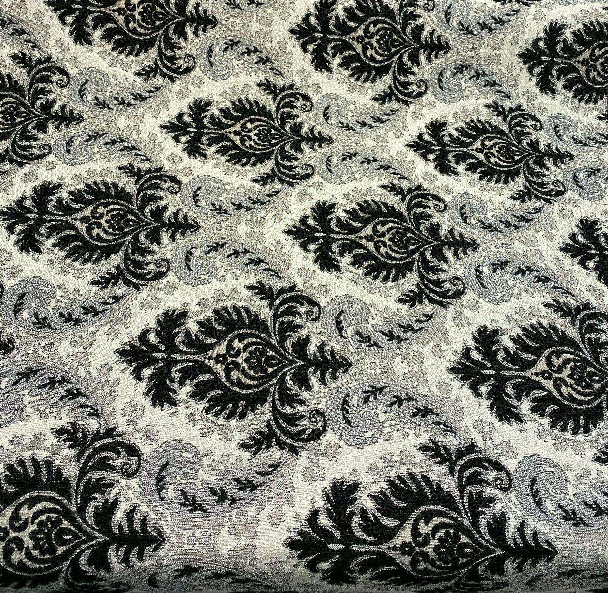 Grenada Damask Black Silver Upholstery Fabric - Black, Silver Damask, 58" Width (1 Yard)