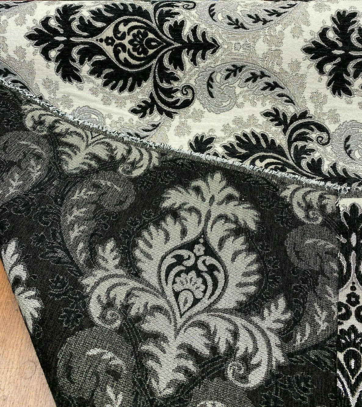 Grenada Damask Black Silver Upholstery Fabric - Black, Silver Damask, 58" Width (1 Yard)