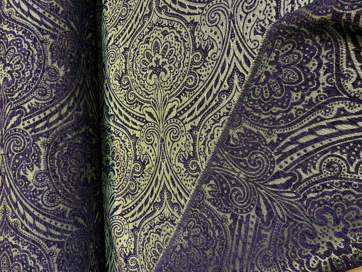 Medellin Damask Upholstery Fabric - Purple Gold Damask, 58" Width (1 Yard)