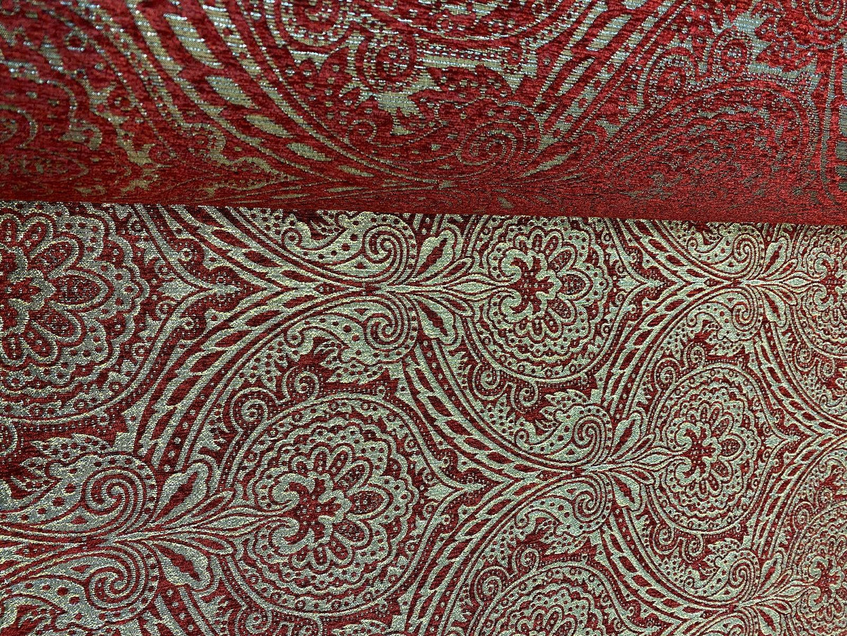 Medellin Damask Upholstery Fabric - Ruby Red Gold Damask, 58" Width (1 Yard)