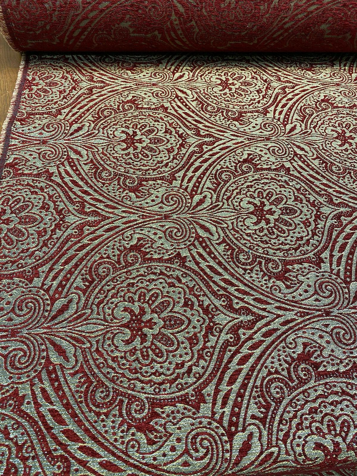 Medellin Damask Upholstery Fabric - Ruby Red Gold Damask, 58" Width (1 Yard)