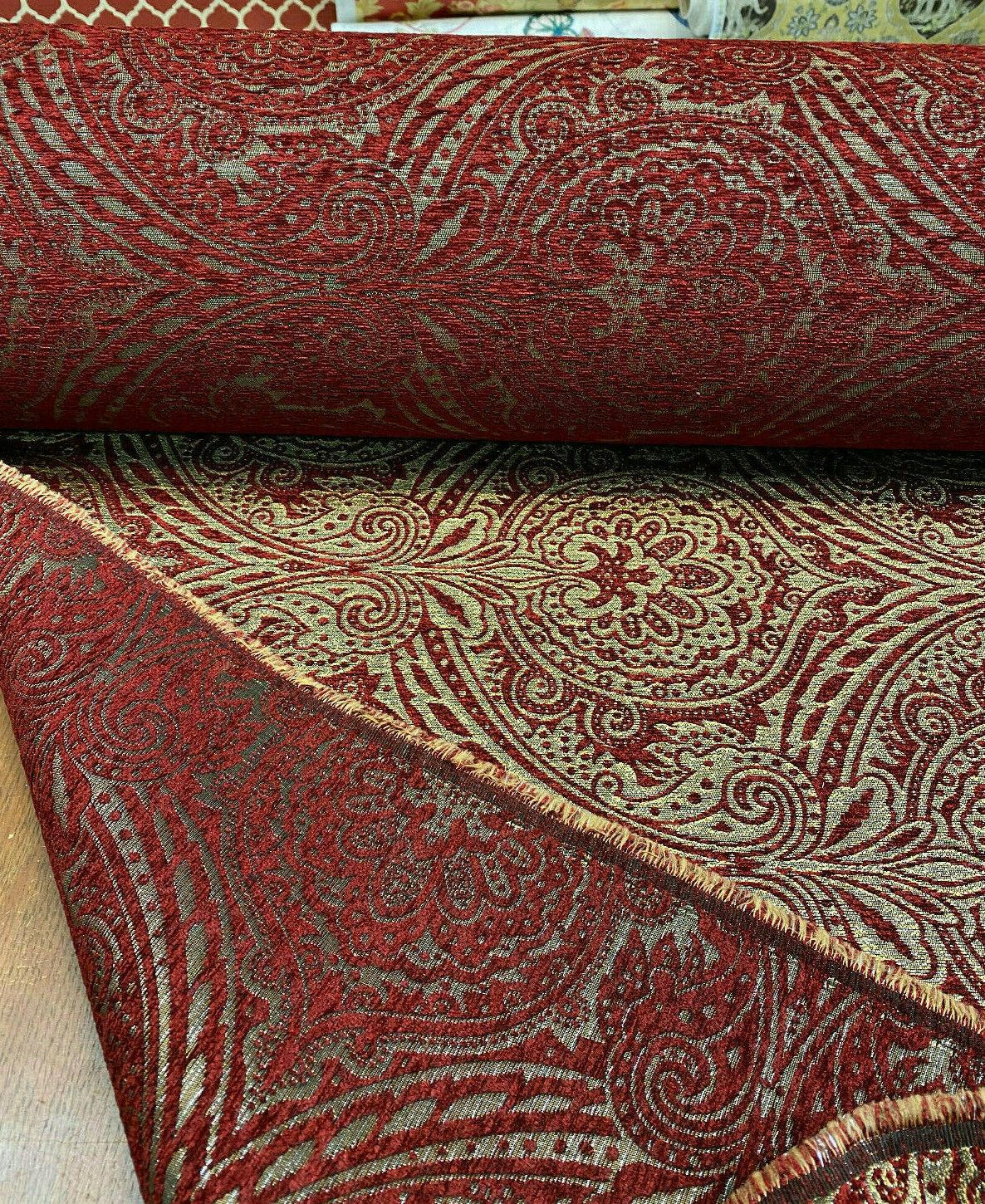 Medellin Damask Upholstery Fabric - Ruby Red Gold Damask, 58" Width (1 Yard)
