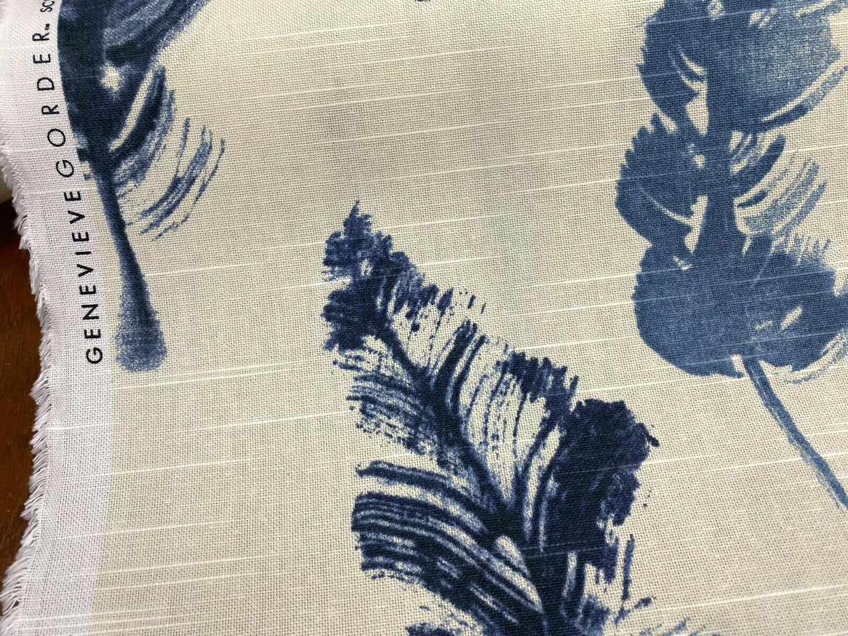 Feather Fall Indigo Cotton Fabric - Navy Blue/Ivory Leaf Toile, 54" Width (1 Yard)