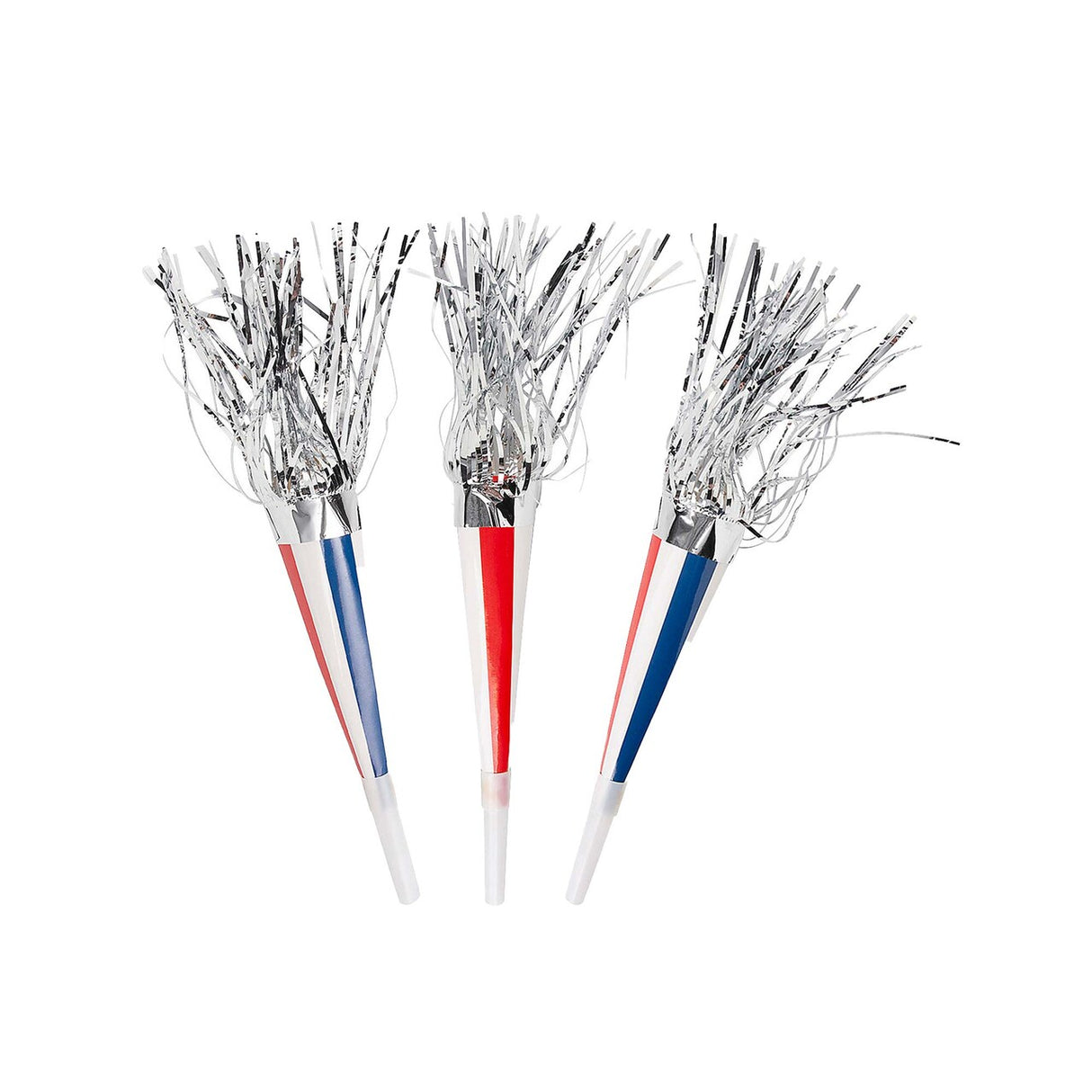 7 1/2" Patriotic Red, White & Blue Fringe Horn with Silver Fringe 12 Pc.