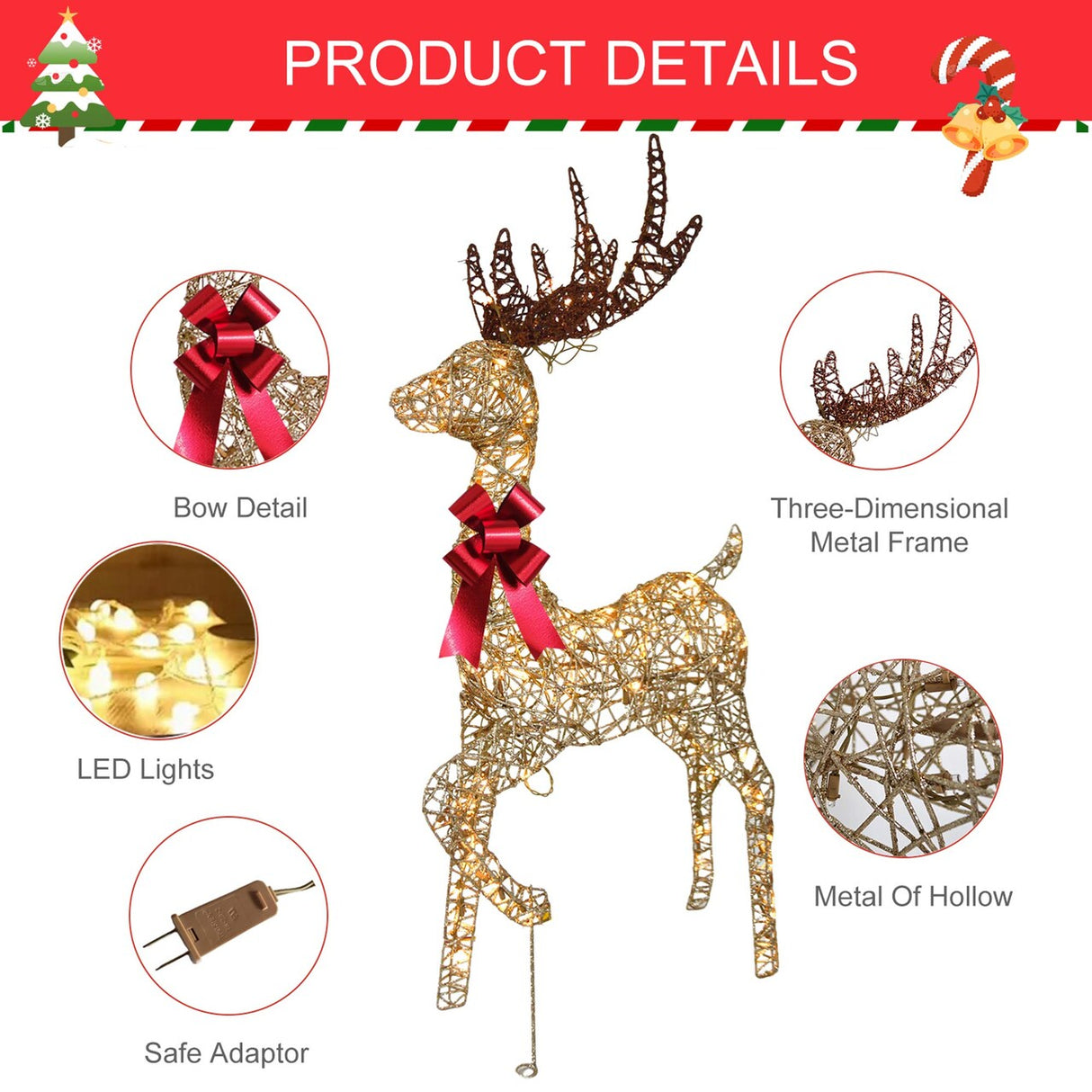 Holiday LED Brown Reindeer with Sleigh, Warm White Twinkling Christmas Lights