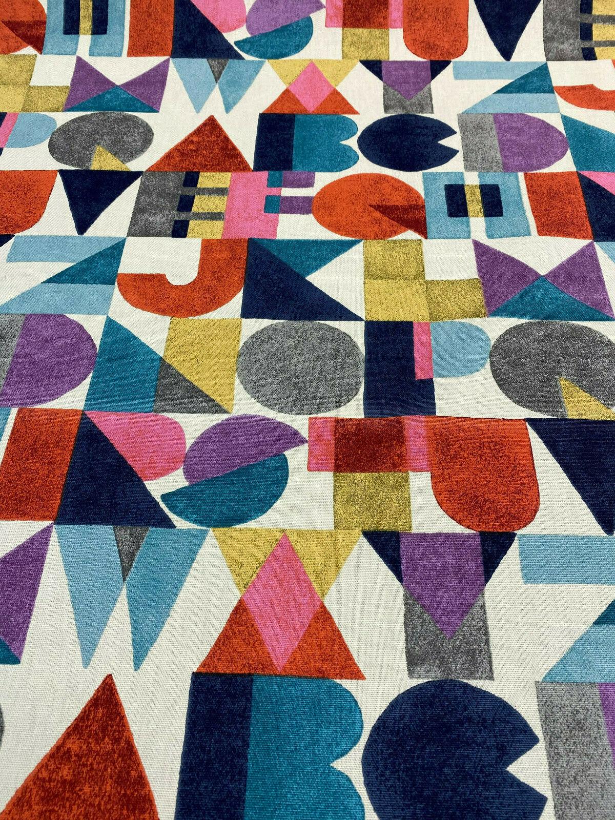 Block Letters Cotton Fabric - Beige Blue Yellow Orange Pink Rust Block Letters, 54" Width (1 Yard)