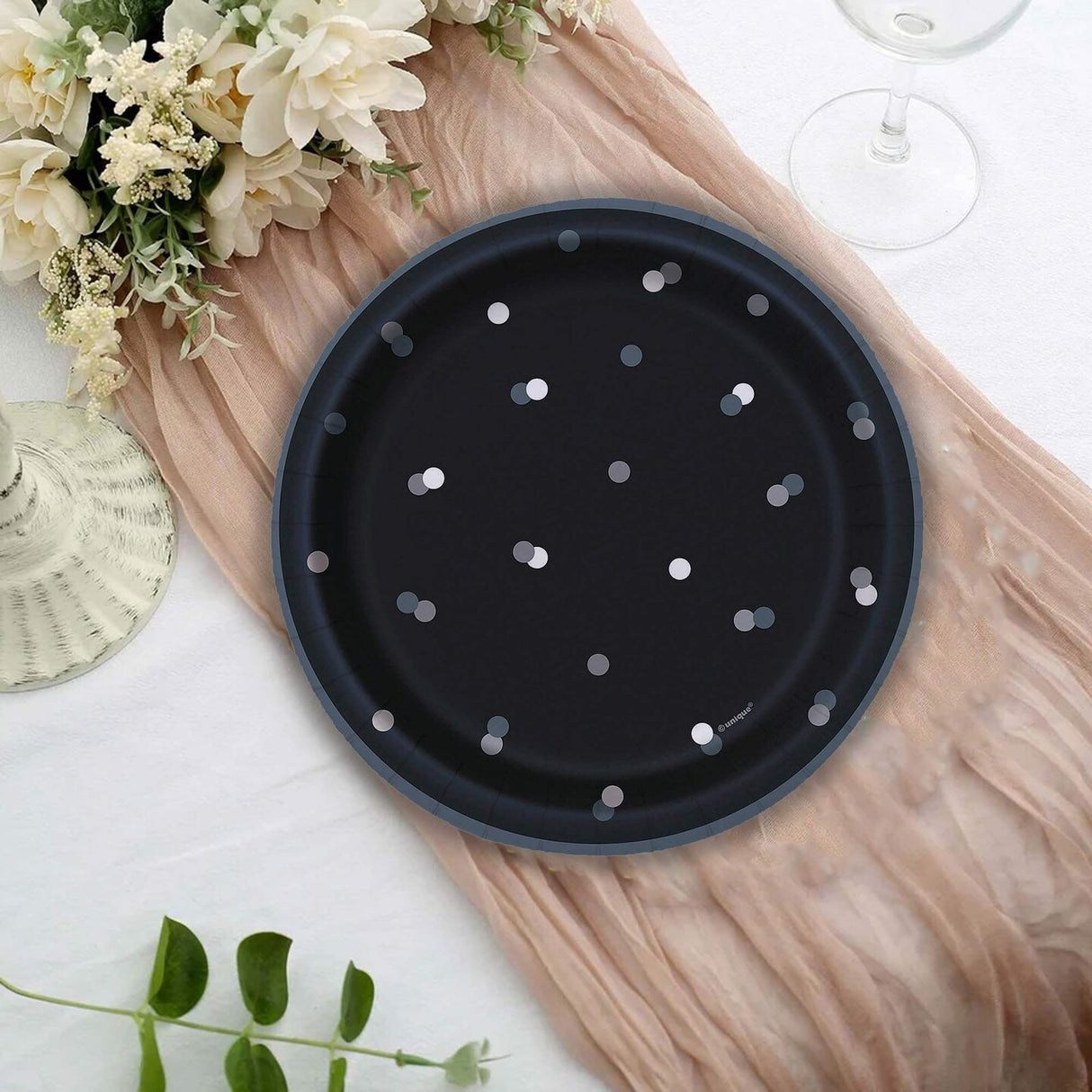 8 Count Glitz Party Disposable Black Dessert Plates with Silver Dots 6 3/4 Inch Elegant Party Supplies