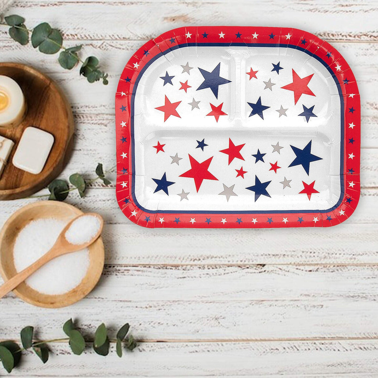 8 Count Patriotic Party Star Paper Dinner Plates with Compartments Red White Blue 8x9.5"