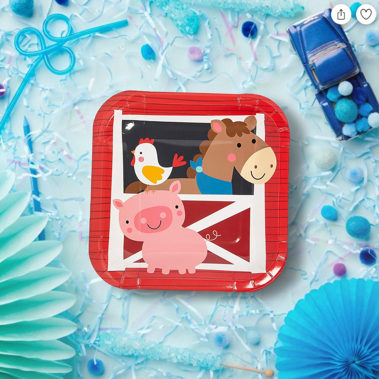 8 Ct. Farm Party Square Paper Dessert Plates Rooster, Horse & Pig Design 7-Inch