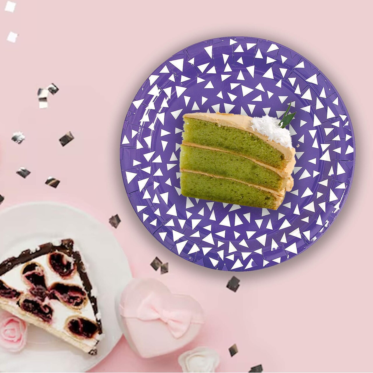 8 Ct. 9" Purple Terrazzo Triangle Print Round Paper Dinner Plates