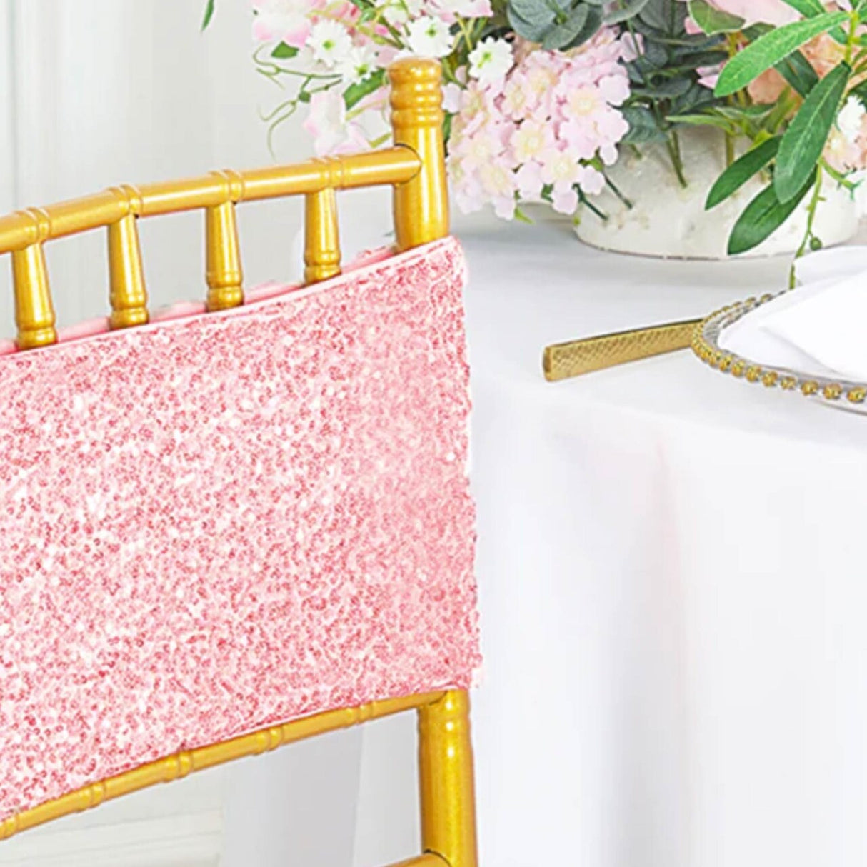 10 Pieces Sparkling Pink Sequin Stretch Spandex Chair Bands 7 x 13 Inches