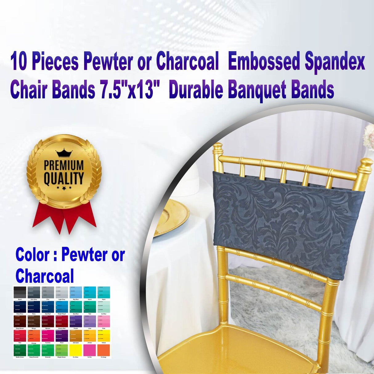 10 Pieces Pewter or Charcoal Embossed Spandex Chair Bands 7.5"x13" Durable Banquet Bands