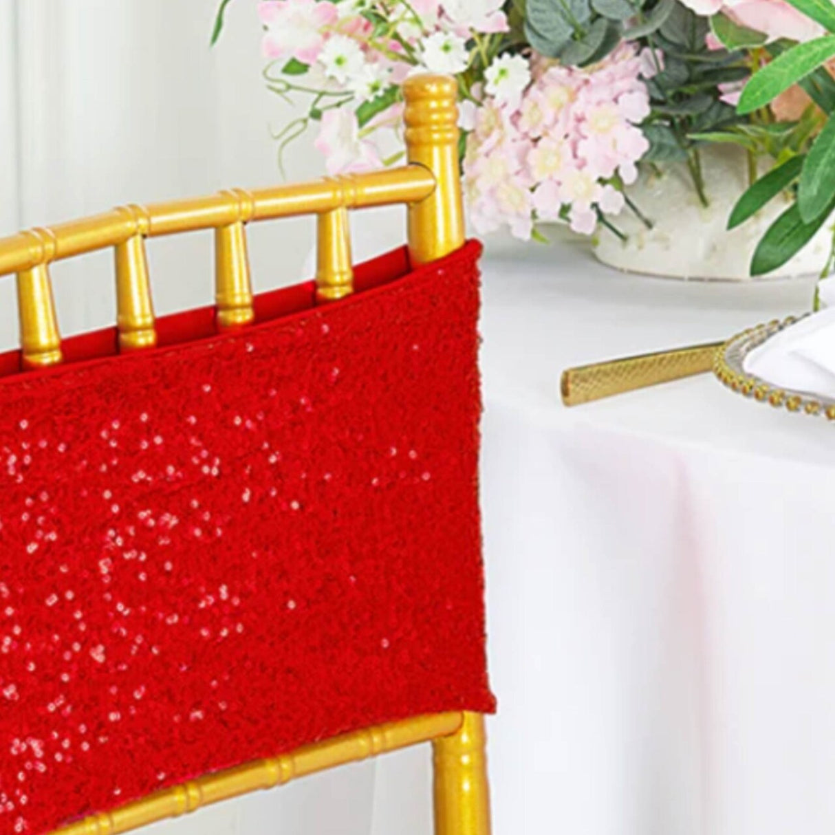 10 Pieces Sparkling Red Sequin Stretch Spandex Chair Bands 7 x 13 Inches