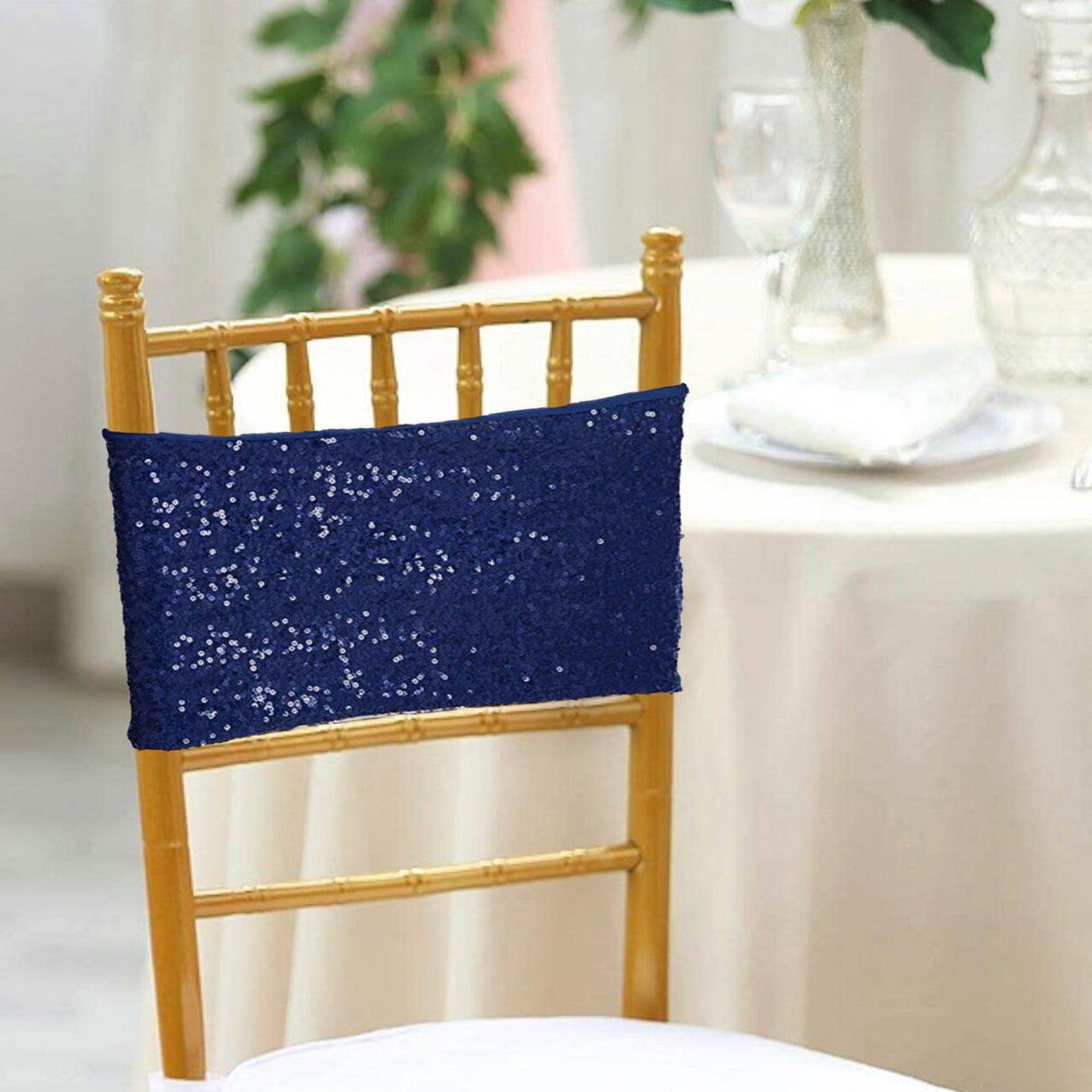 10 Pieces Elegant Navy Blue Sequin Stretch Spandex Chair Bands 7 x 13 Inches