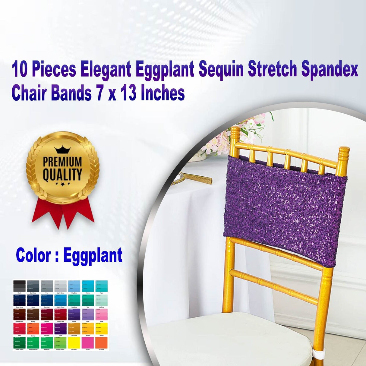 10 Pieces Elegant Eggplant Sequin Stretch Spandex Chair Bands 7 x 13 Inches